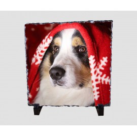 Hópelyhes pléd alá bújt kutyát ábrázoló 20x20 cm-es karácsonyi kőlap