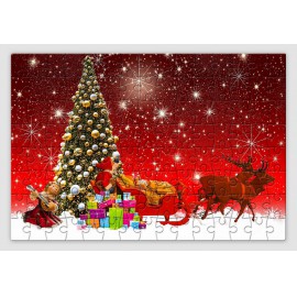 Ajándékkal teli karácsonyfát ábrázoló piros hátterű karácsonyi kirakó