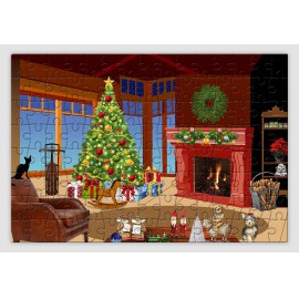 Ünnepi díszben pompázó nappalit ábrázoló karácsonyi kirakó