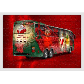 Piros hátterű, ünnepi díszbe öltözött buszt ábrázoló karácsonyi kirakó