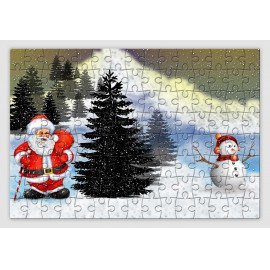 Hóesésben álló Mikulást, és hóembert ábrázoló karácsonyi kirakó