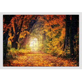 Ősz színeiben pompázó erdős ösvényt ábrázoló tájképes kirakó