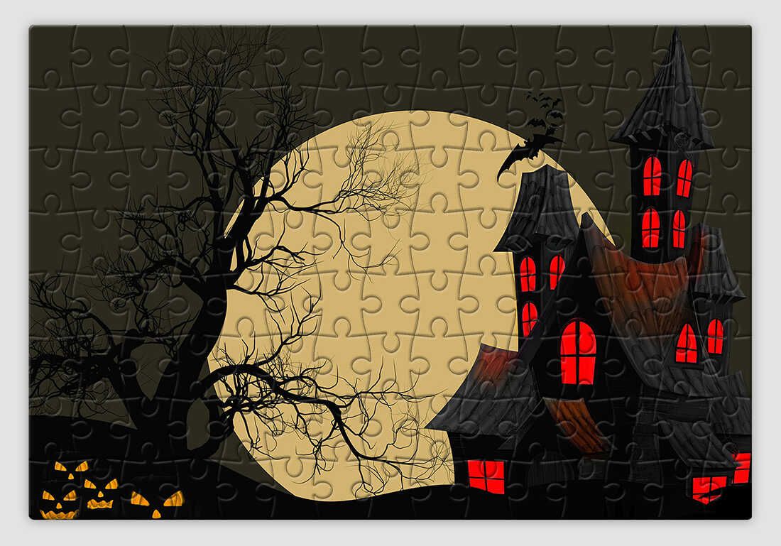 Hatalmas teliholdat, és kísértet kastélyt ábrázoló halloweenes kirakó