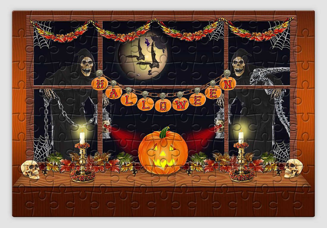 Ünnepi dekorációs ablakot ábrázoló halloweenes kirakó