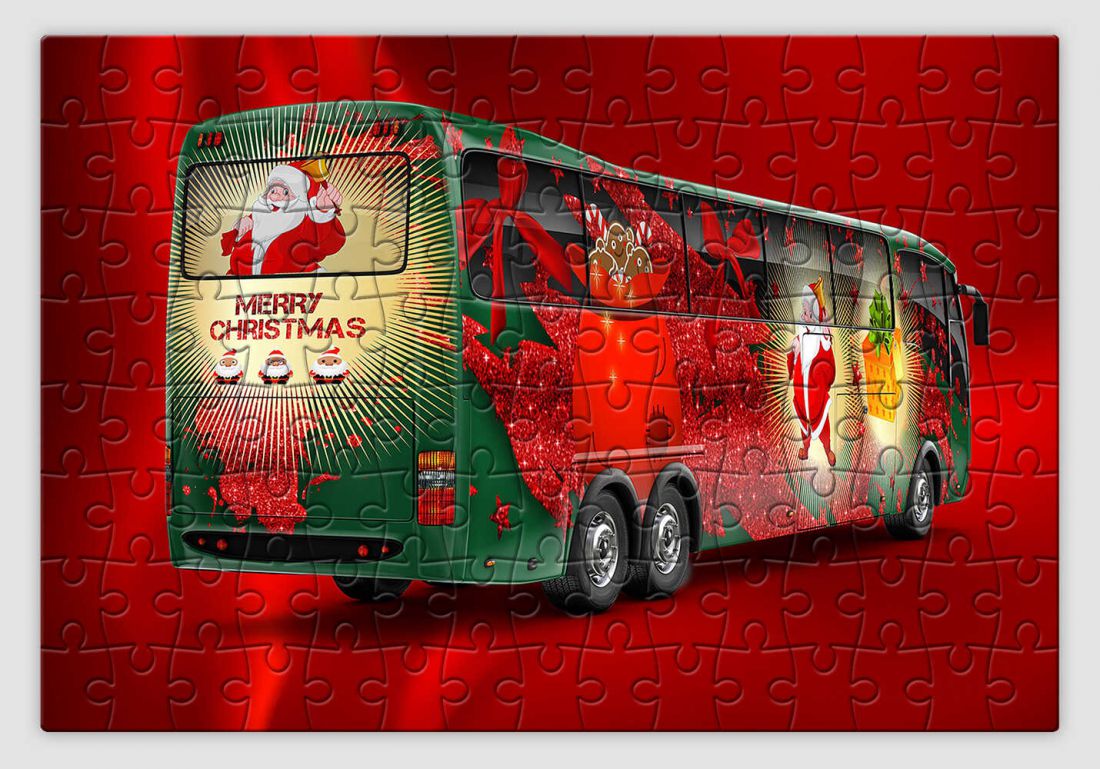 Piros hátterű, ünnepi díszbe öltözött buszt ábrázoló karácsonyi kirakó