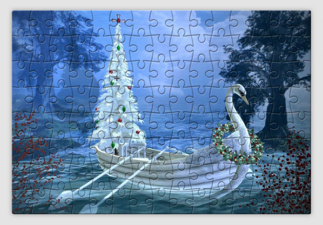 Hattyú alakú csónakban álló karácsonyfát ábrázoló karácsonyi kirakó